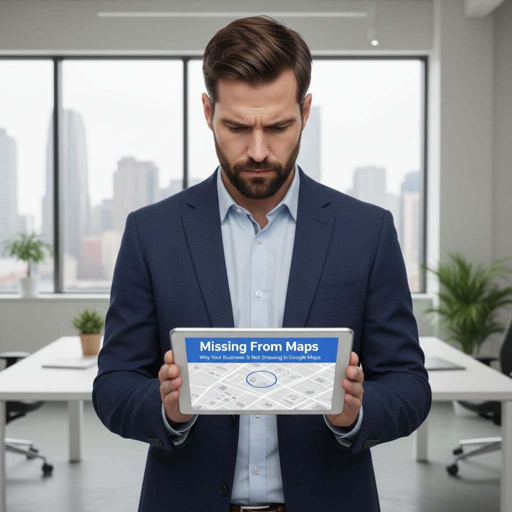 A business owner checks why a business is not showing on Google Maps on a tablet in a modern office.