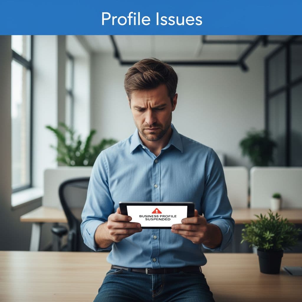 Small business owner facing a Google Business Profile suspension while checking a tablet in an office.