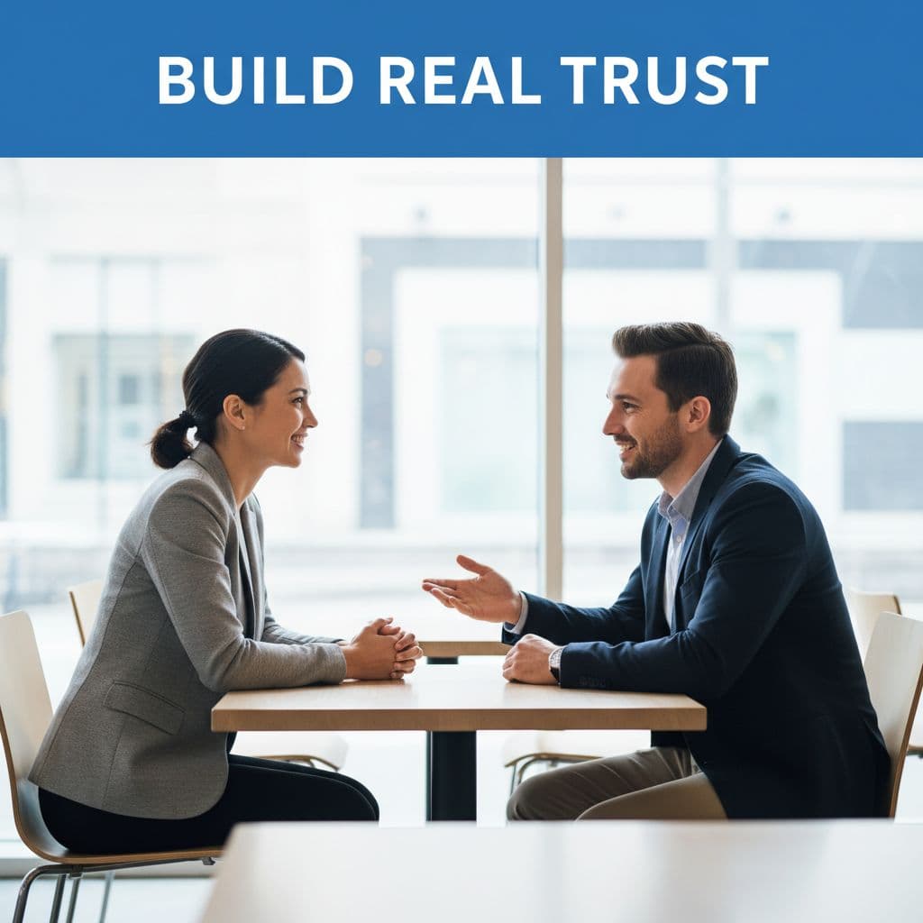 Business owner reviewing service pages with a provider during a trust-building meeting.