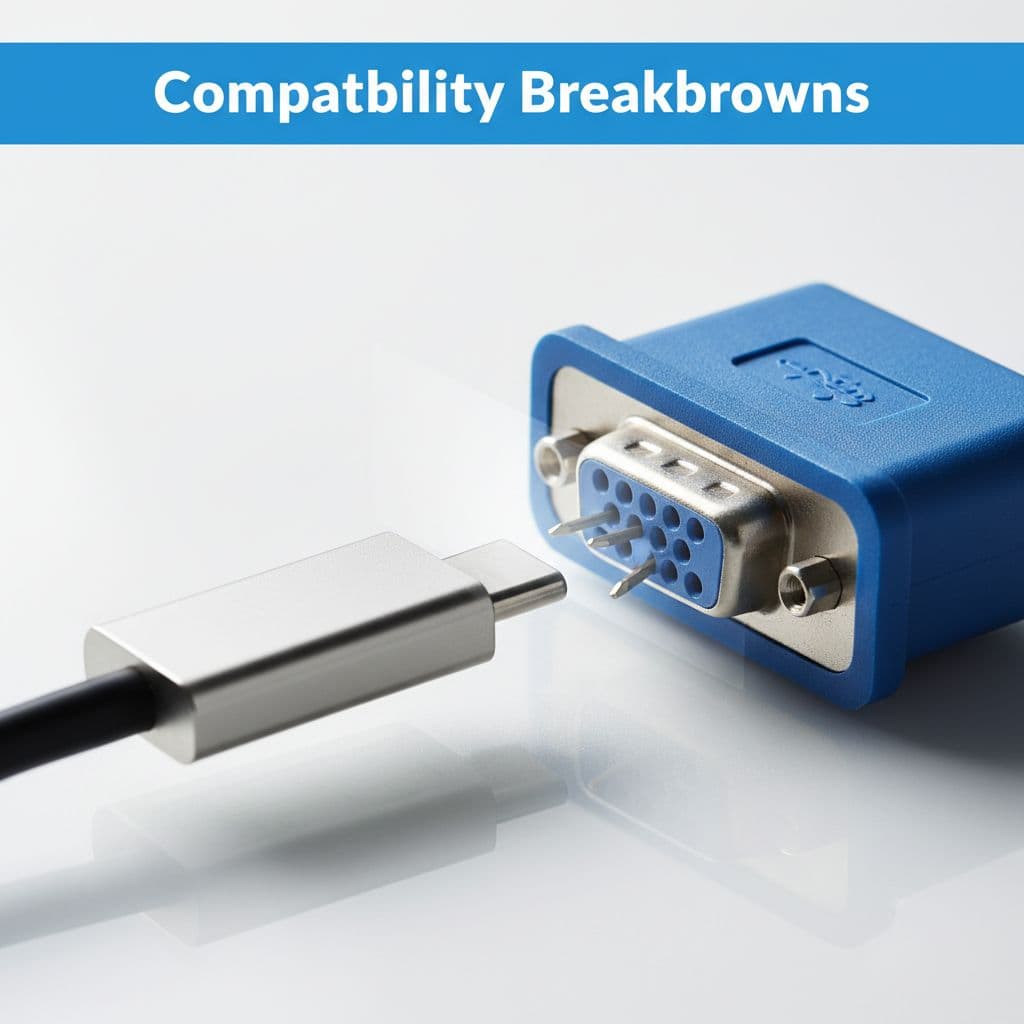 Two mismatched hardware ports are aligned as if to connect under a blue compatibility header.