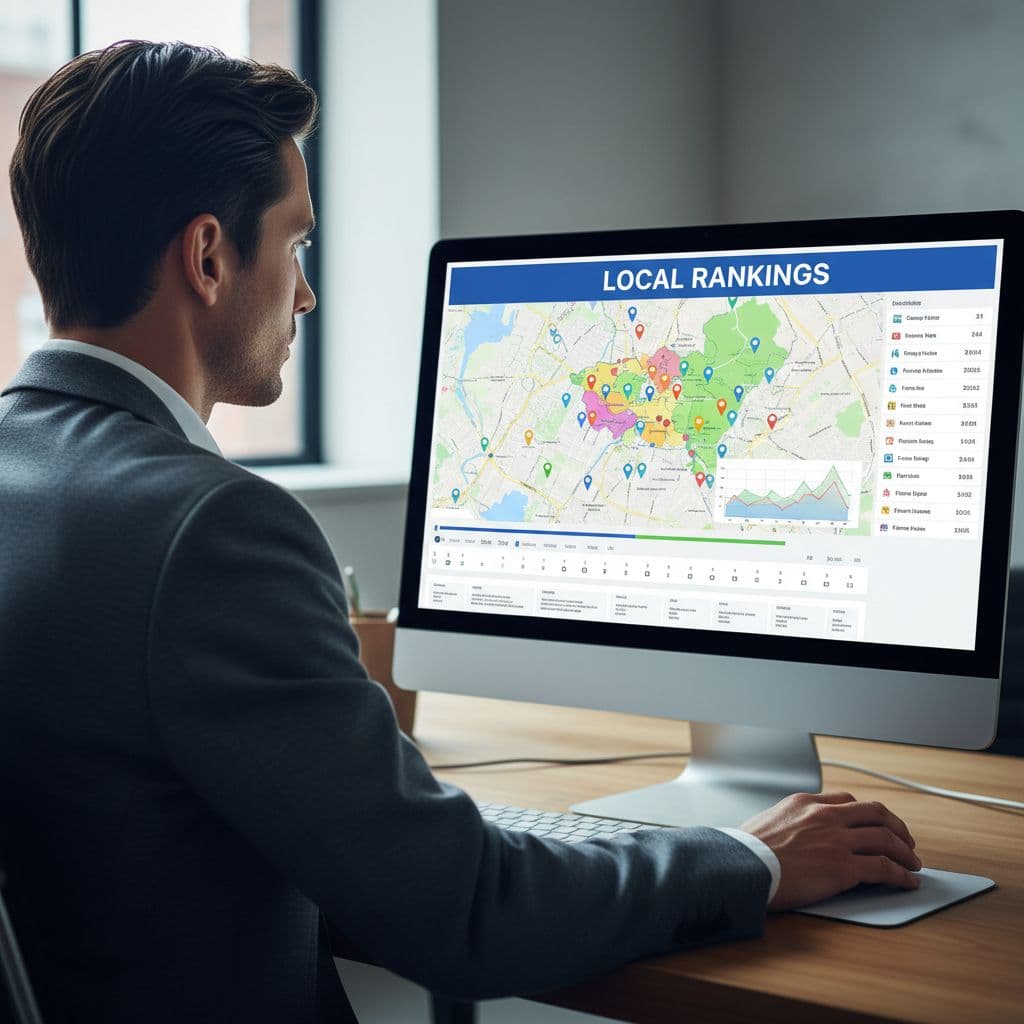 Local SEO timeline and business rankings on a map screen.