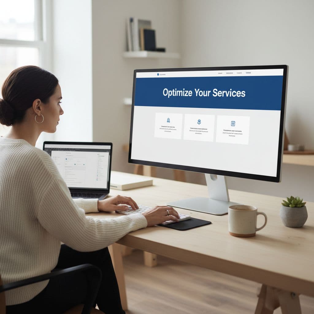 Designer refining service pages on a desktop layout with a blue header band.