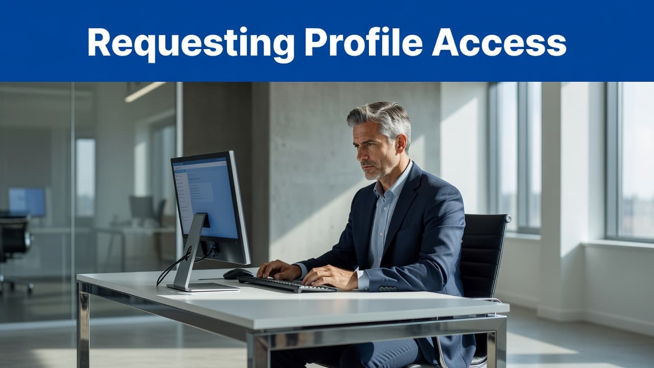 A focused professional sits at a clean desk viewing a computer monitor. A prominent blue banner reading Requesting Profile Access spans the top of the bright and modern office workspace.