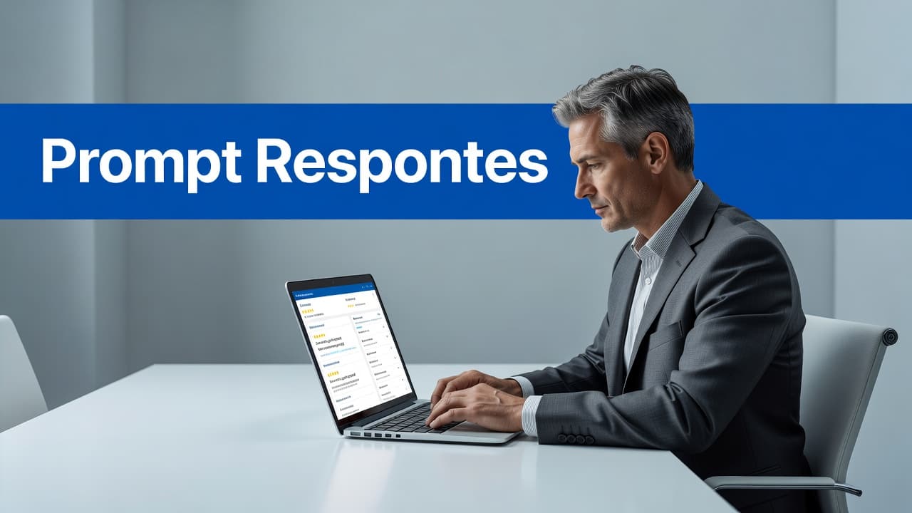 A focused business owner sits at a sleek desk typing on a laptop to address customer feedback. A distinct blue band across the top features bold white typography labeling the workspace.