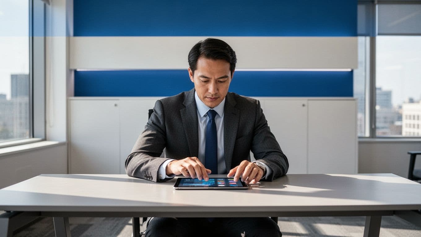 A professional holds a sleek tablet within a modern office, framed by a prominent blue header labeled Products Vs Services. High-contrast lighting emphasizes the clean, minimalist corporate environment shown here.