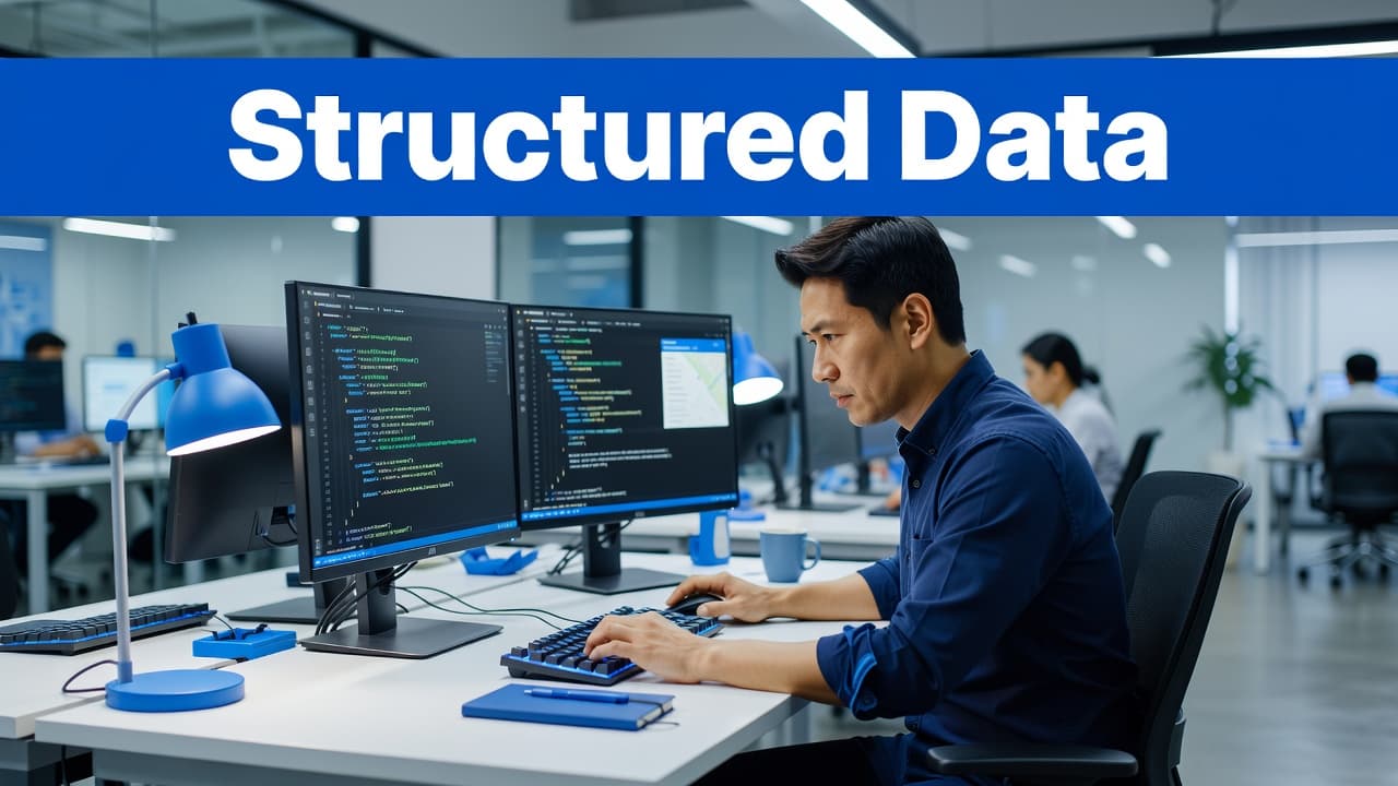 A focused developer sits at a clean desk editing website code on a screen. A blue header bar at the top displays the text Structured Data above the organized workspace.