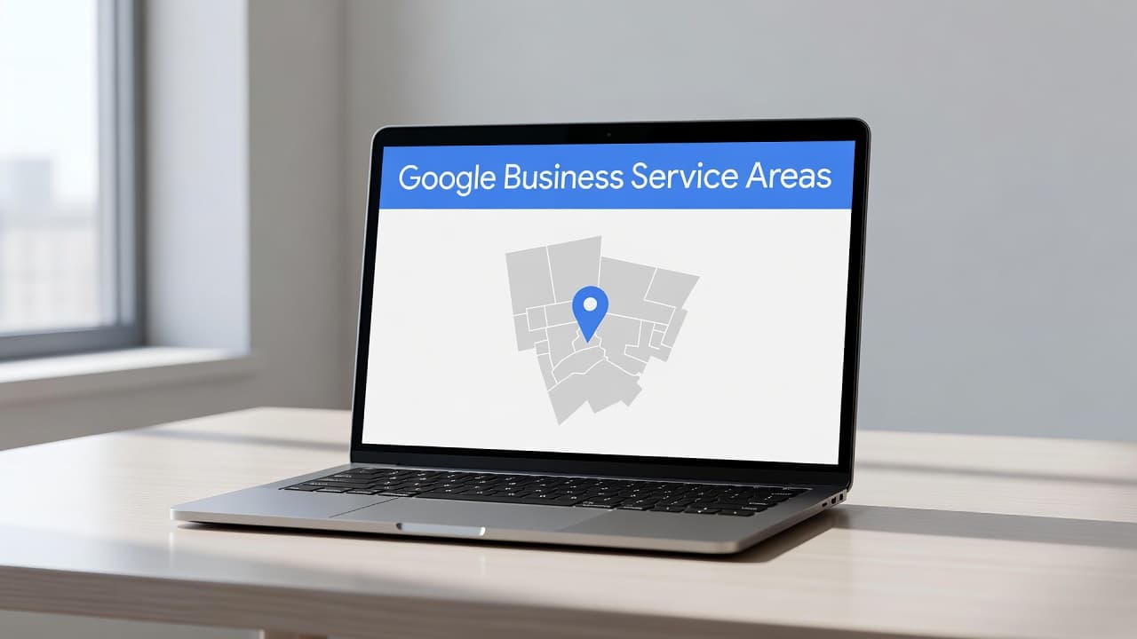 google business service areas shown on a laptop map in a clean office