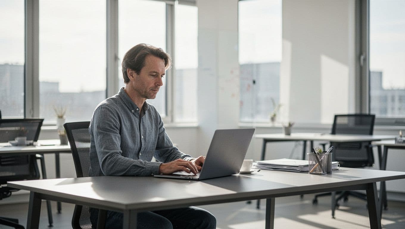 A focused professional works on a sleek laptop within a sunlit office. A bold blue horizontal banner featuring the text Choosing Your Landing Page spans the top of the frame.