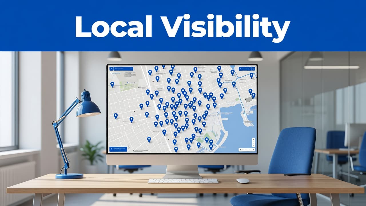 A high-resolution computer screen showcases an interactive map interface marked with several location pins. A professional blue header bar labeled Local Visibility stretches across the top of the monitor display.