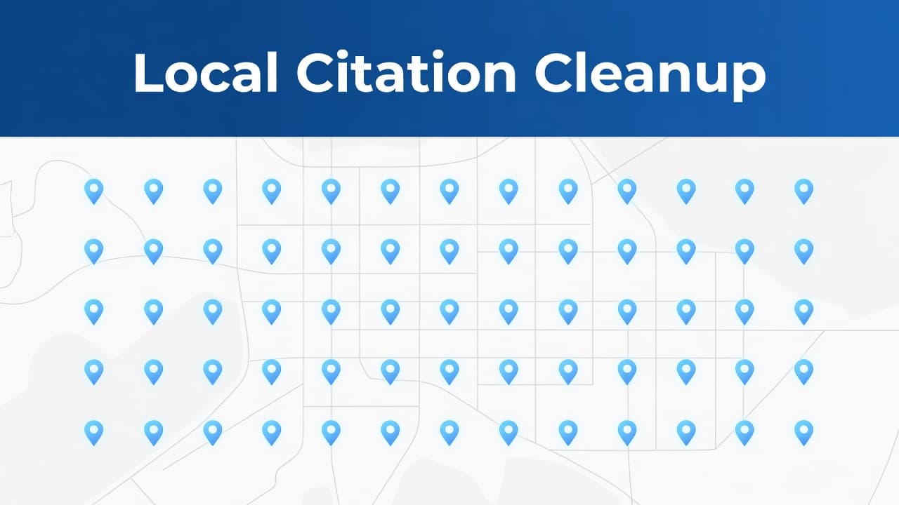 A clean digital map displays multiple glowing location pins arranged in a precise grid pattern. A blue header at the top features the bold white headline Local Citation Cleanup for clarity.
