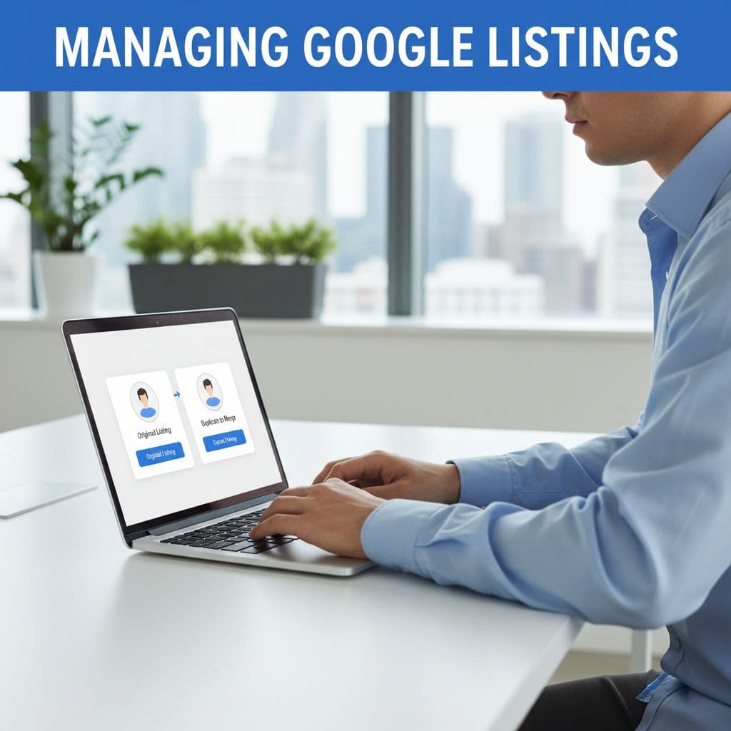 Business owner fixing a duplicate google business profile on a laptop
