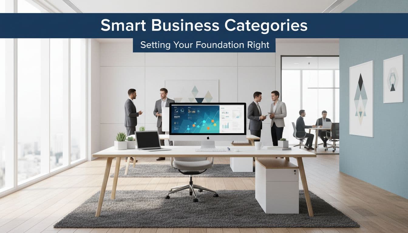 google business categories shown in a clean office workspace with laptop and organized desk in a modern professional setting