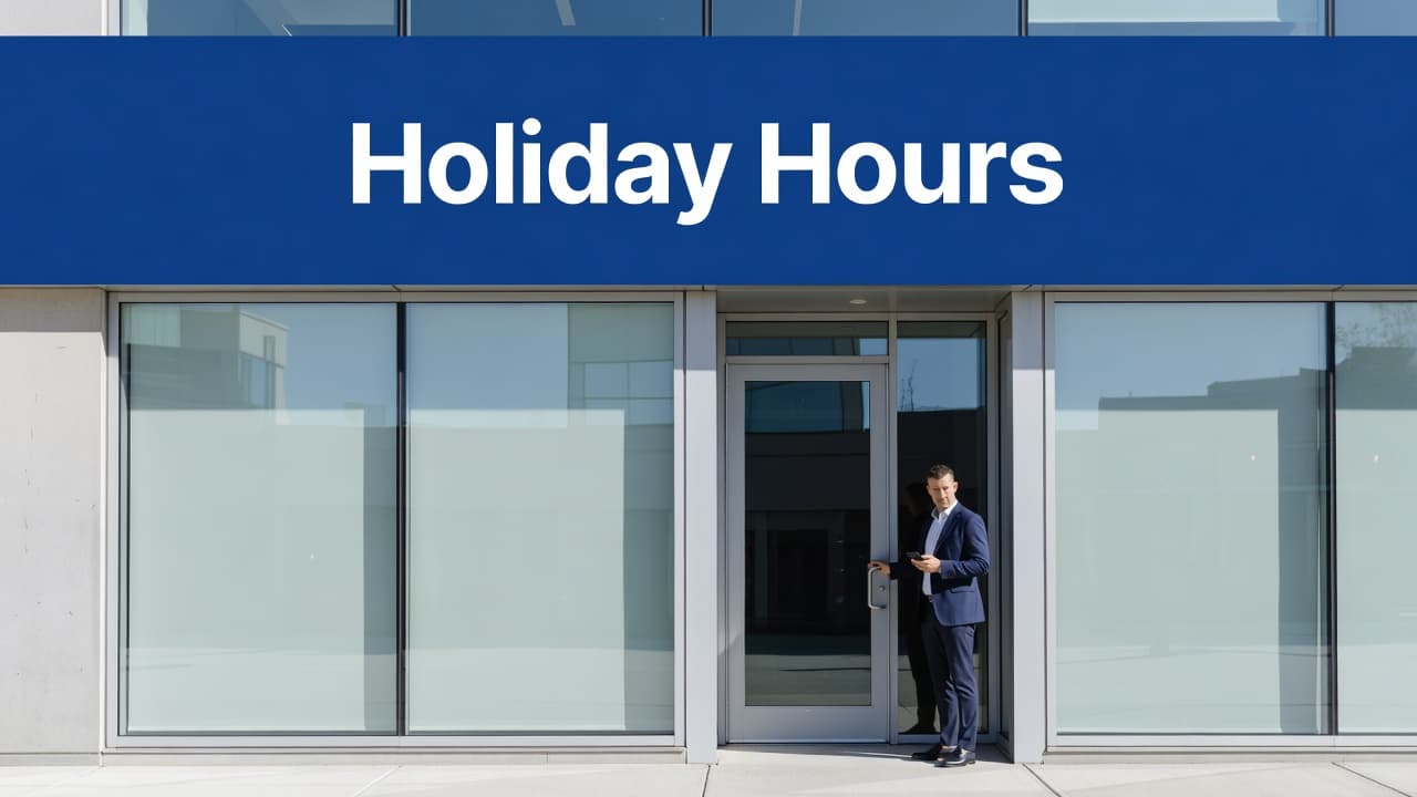 A business owner stands beside a clean, modern storefront entrance holding a smartphone. A prominent blue banner across the top displays white text announcing holiday hours for customers and visitors.
