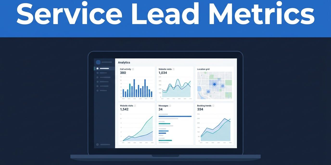 Service Lead Metrics Dashboard An open laptop displaying analytics charts on a dark navy desk.