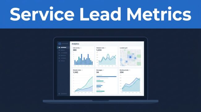 Service Lead Metrics Dashboard An open laptop displaying analytics charts on a dark navy desk.