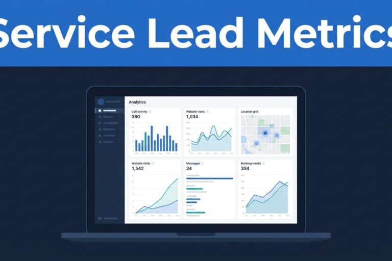 Service Lead Metrics Dashboard An open laptop displaying analytics charts on a dark navy desk.