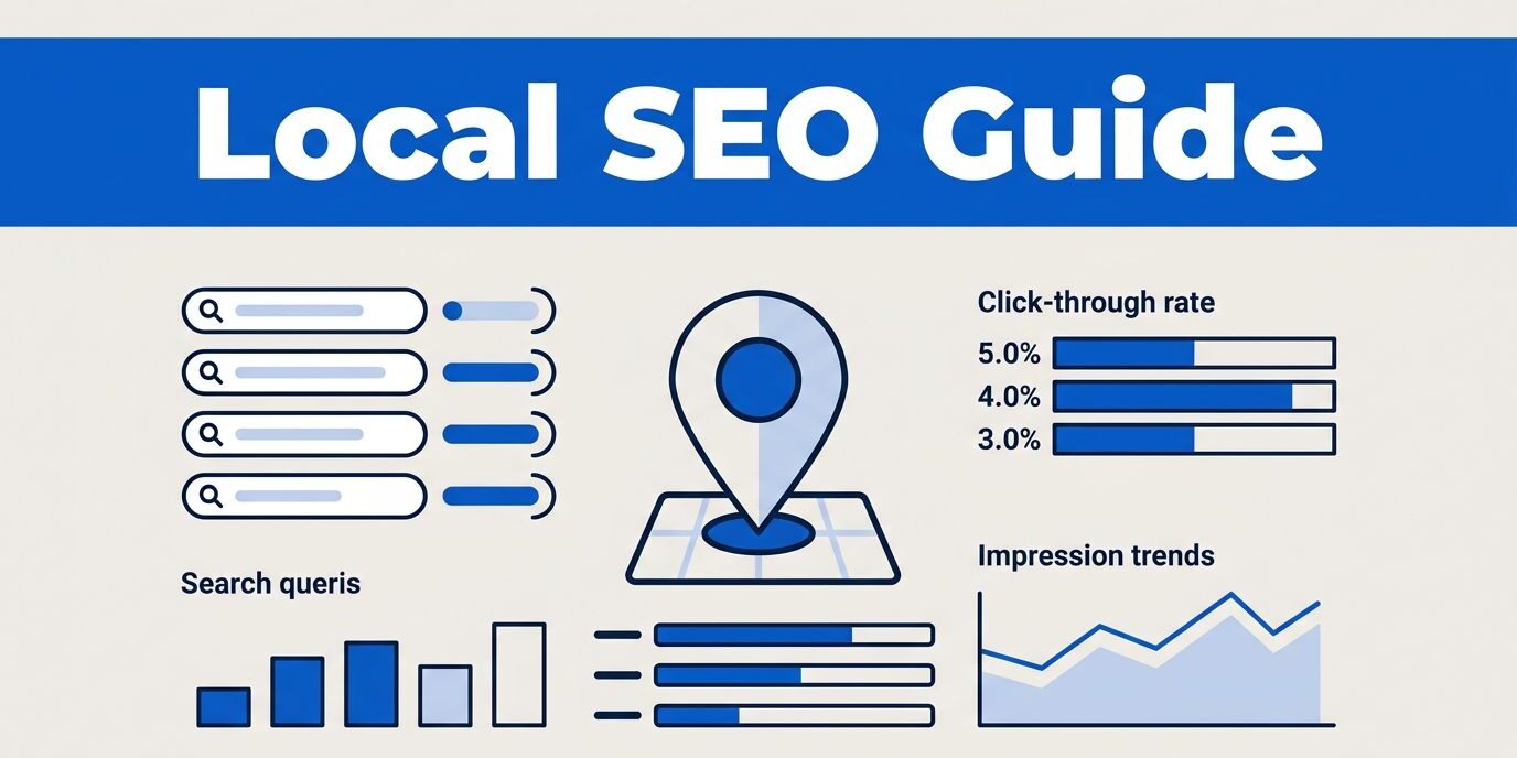 Local SEO Analytics Dashboard An analytics dashboard featuring search metrics, impression charts, and a blue header.