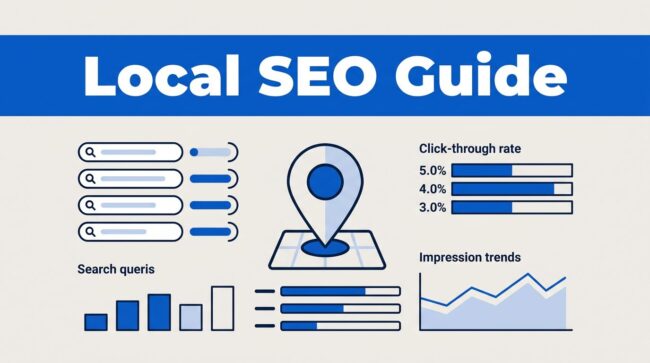 Local SEO Analytics Dashboard An analytics dashboard featuring search metrics, impression charts, and a blue header.
