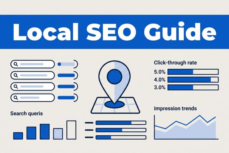 Local SEO Analytics Dashboard An analytics dashboard featuring search metrics, impression charts, and a blue header.