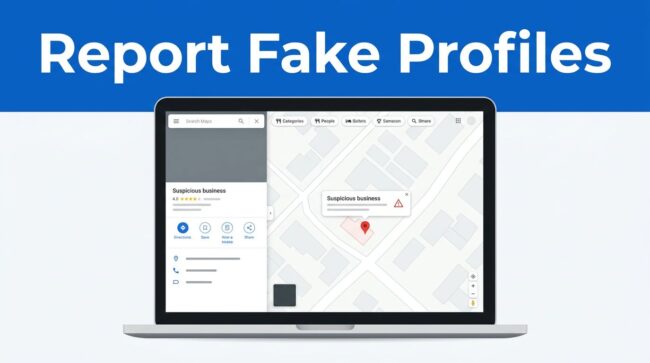 Fake Business Listing Map A laptop screen showing a digital map interface with a flagged business location pin.
