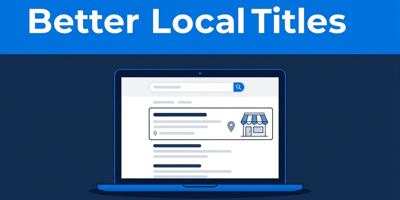 Better Local Titles Blue banner reading “Better Local Titles” above a laptop with a highlighted local listing.