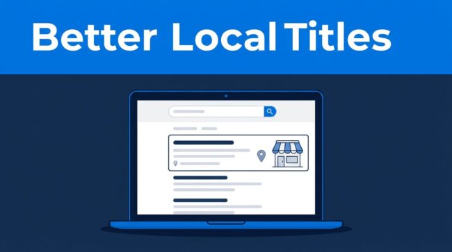 Better Local Titles Blue banner reading “Better Local Titles” above a laptop with a highlighted local listing.