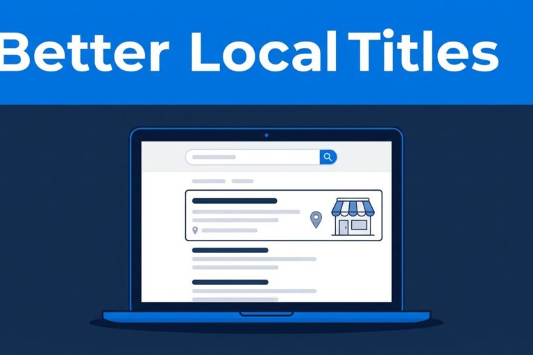 Better Local Titles Blue banner reading “Better Local Titles” above a laptop with a highlighted local listing.