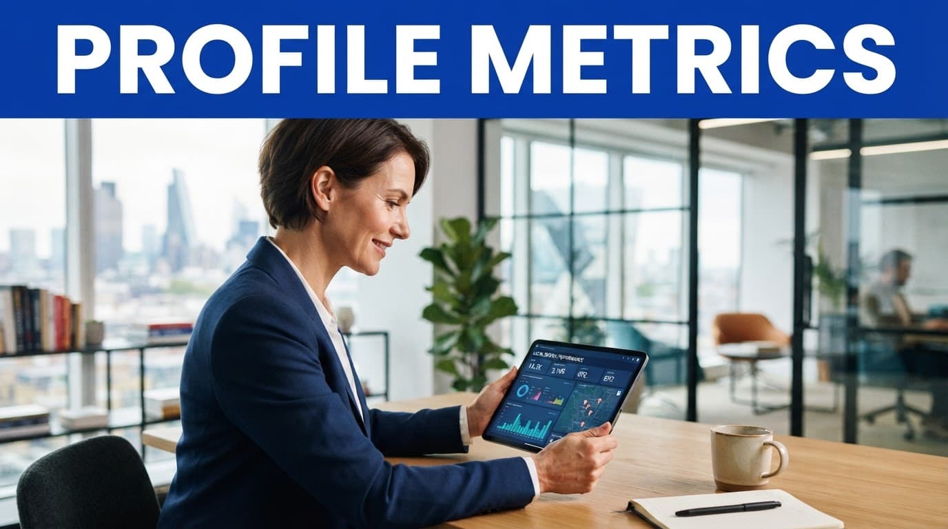 Google Business Profile metrics on a tablet in a bright office.