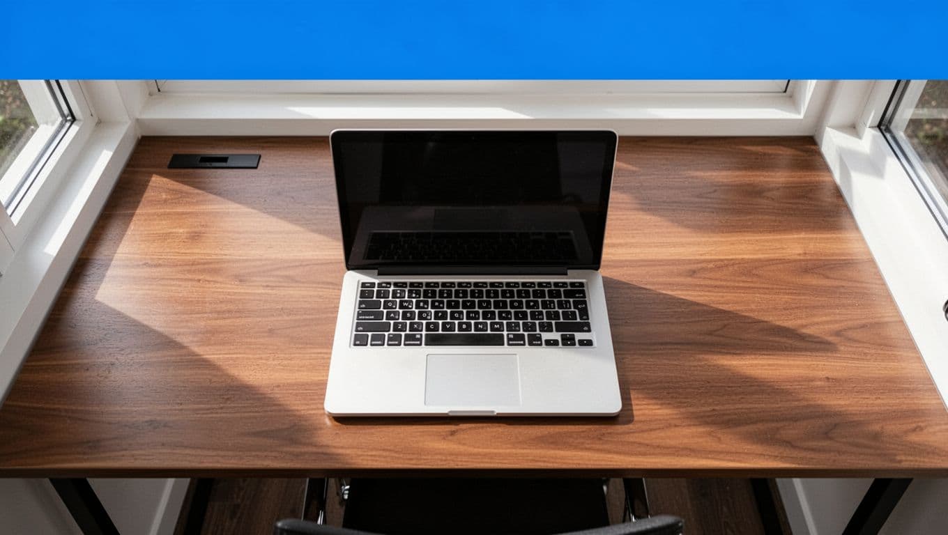 A top-down view shows an open laptop resting on a clean wooden desk surface. A bold blue header bar spans the top featuring geometric white text detailing architectural link strategies.
