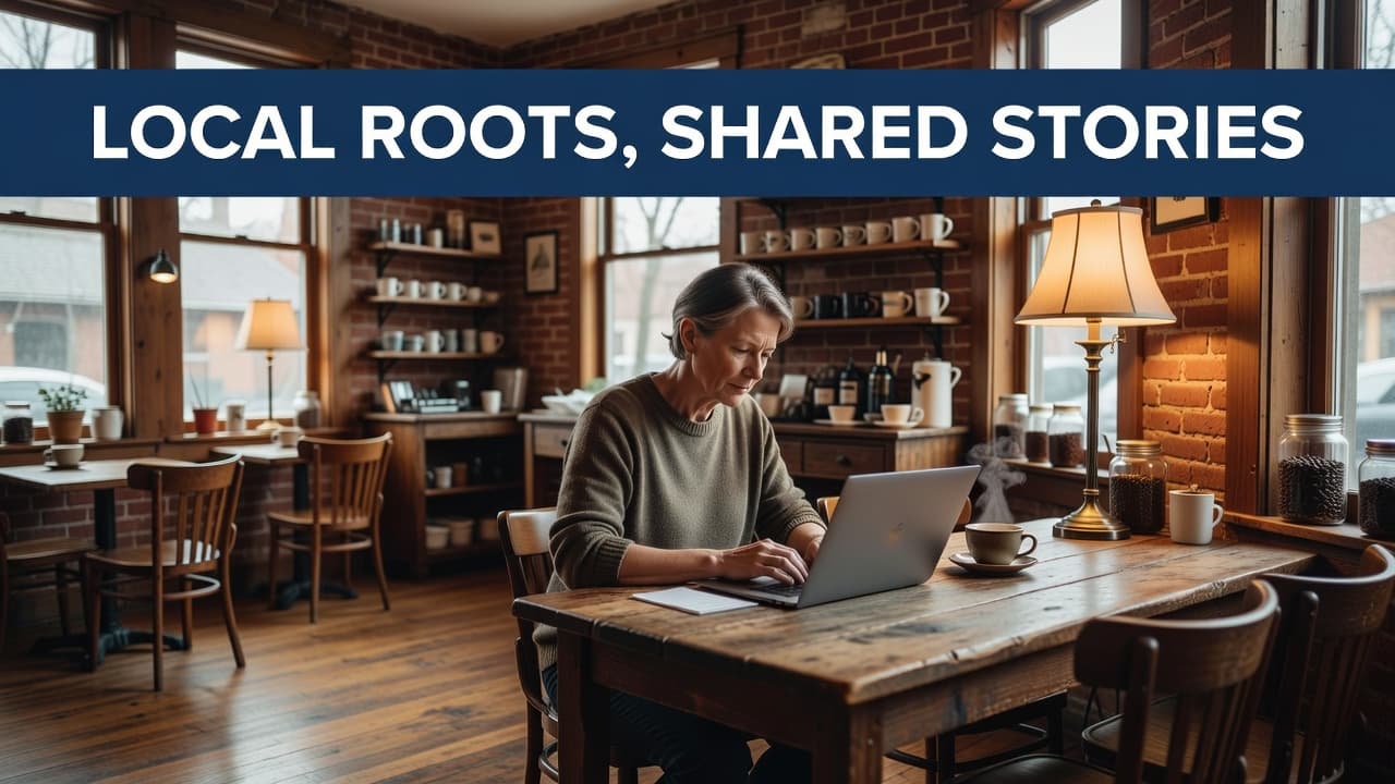 A local business about page showing an owner writing website content inside a cozy cafe.
