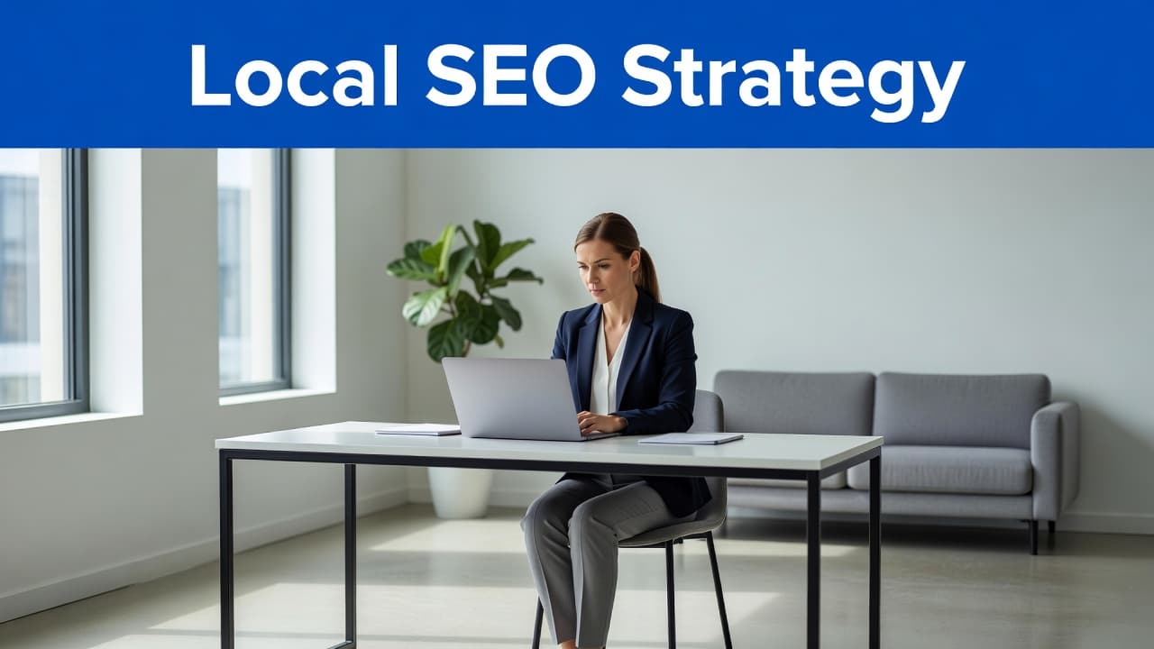 A focused business owner sits at a desk in a clean office, viewing a laptop screen. A bold blue horizontal header at the top features white text about local strategy.