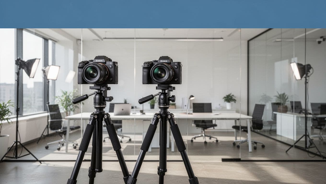 A high-end camera mounted on a tripod stands in a bright office. A bold blue header featuring white text labels the visual strategy workspace, illustrating a modern corporate branding setup.
