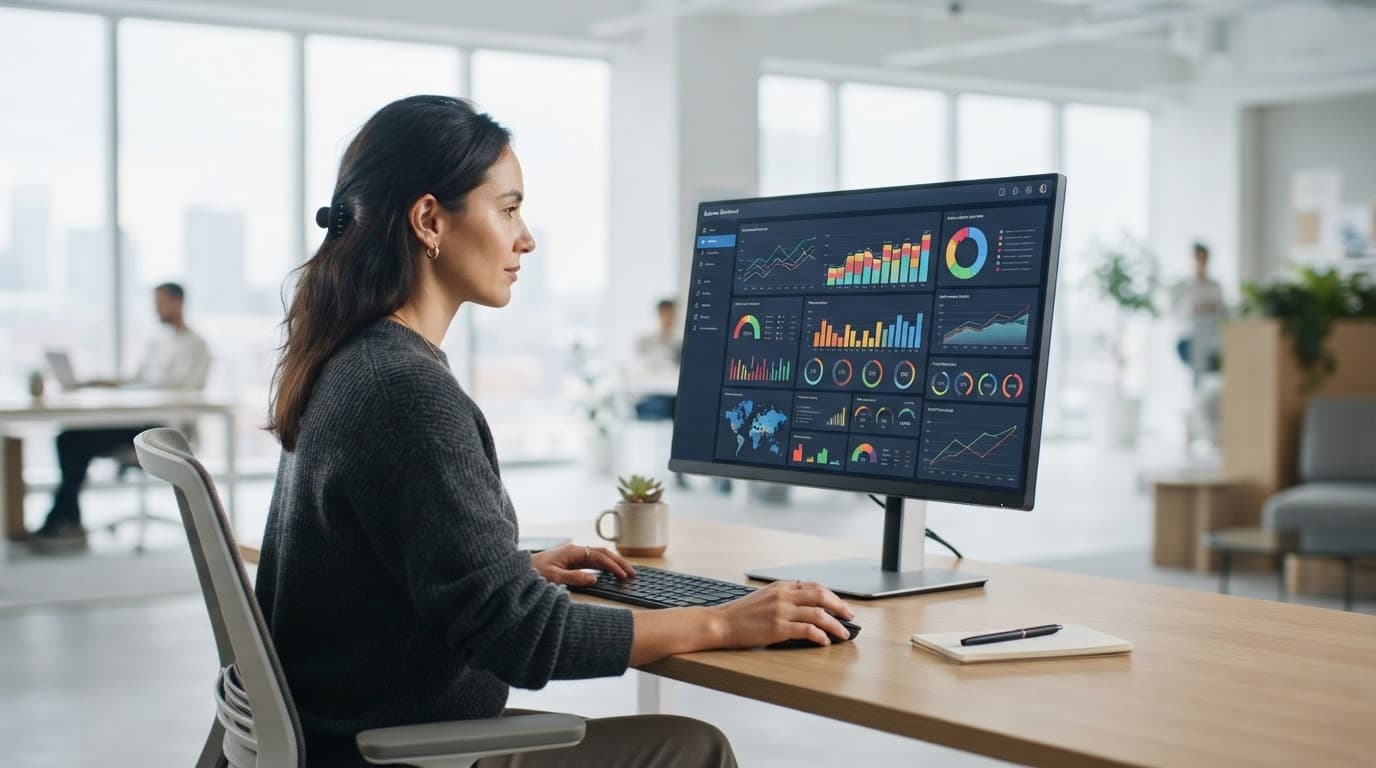 Business listing dashboard in a bright modern office.