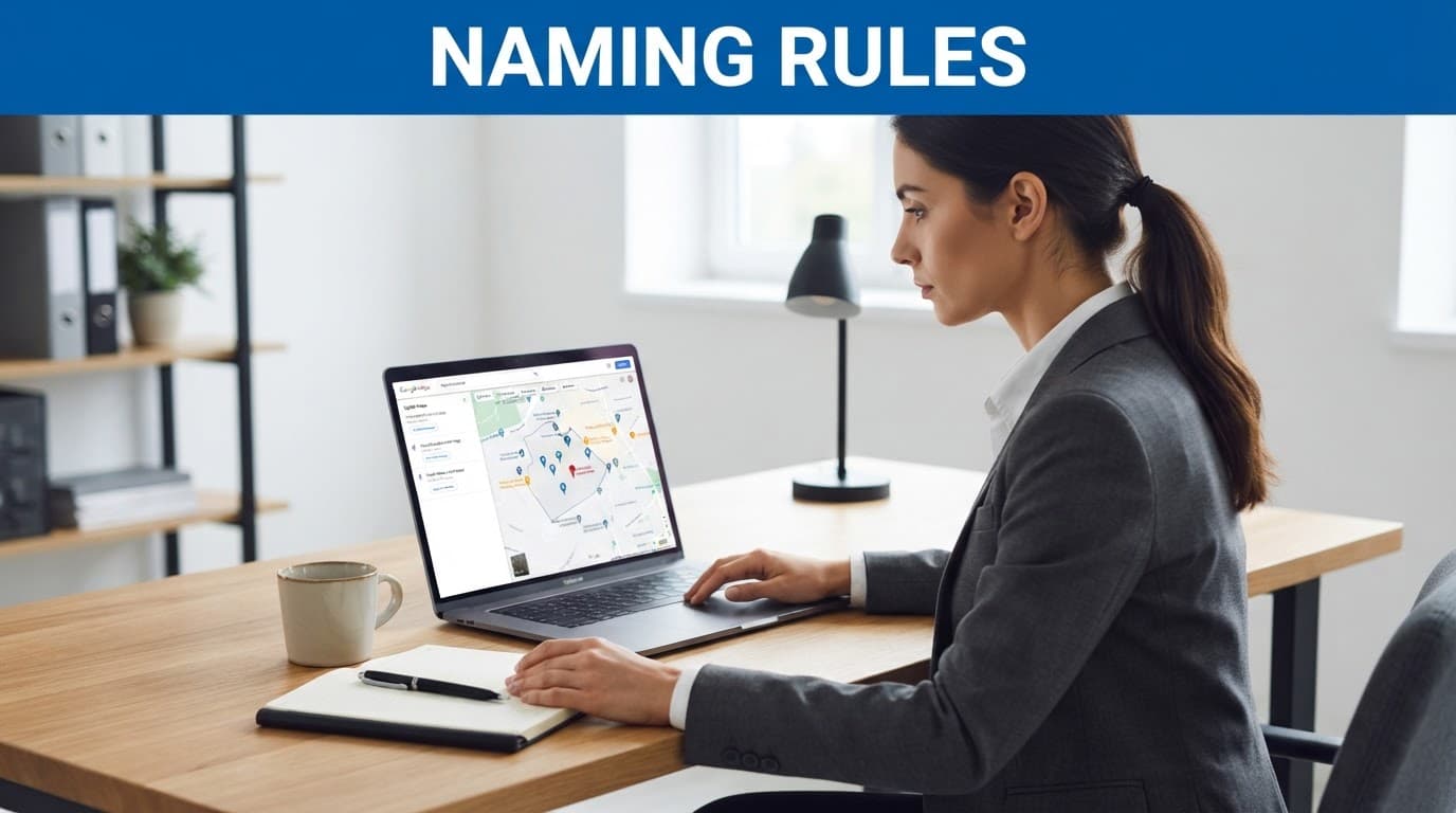 A professional reviews compliant listing naming fields on a laptop at a desk.