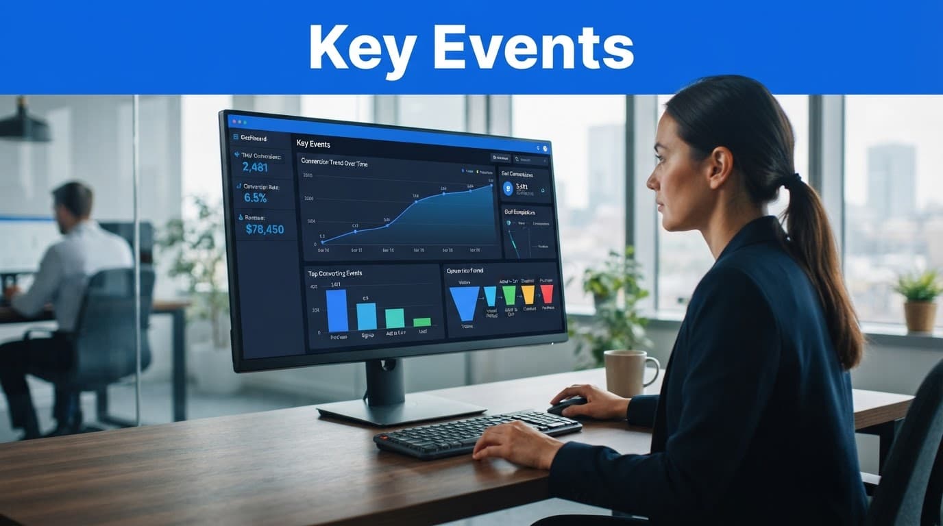 A person views conversion charts on a monitor beneath a blue Key Events banner.