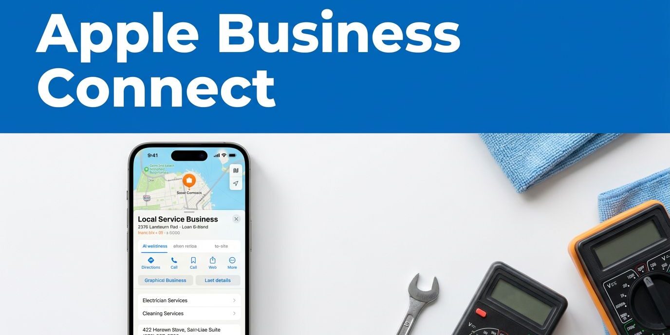 Apple Business Connect Guide Smartphone showing a local service listing beside HVAC and cleaning tools.