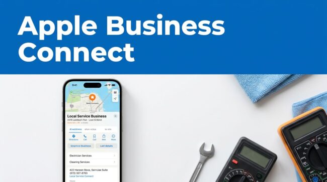 Apple Business Connect Guide Smartphone showing a local service listing beside HVAC and cleaning tools.