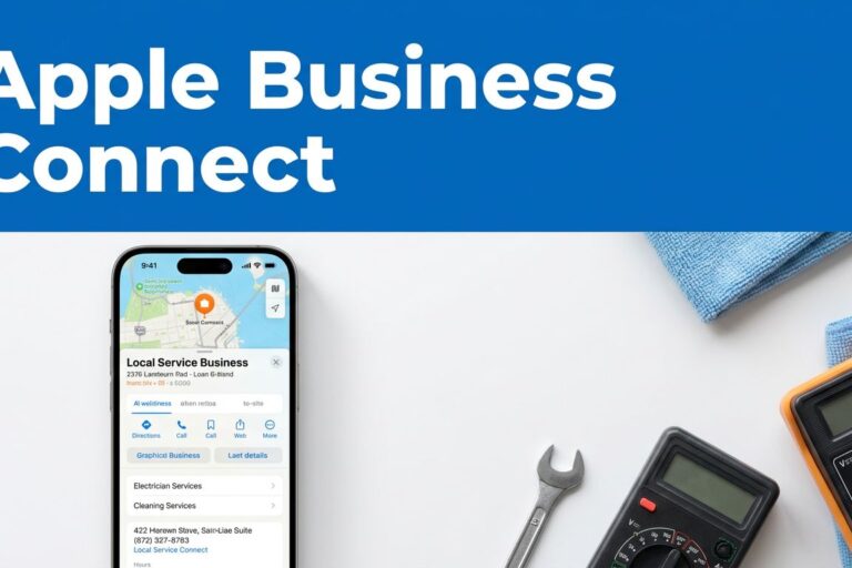 Apple Business Connect Guide Smartphone showing a local service listing beside HVAC and cleaning tools.