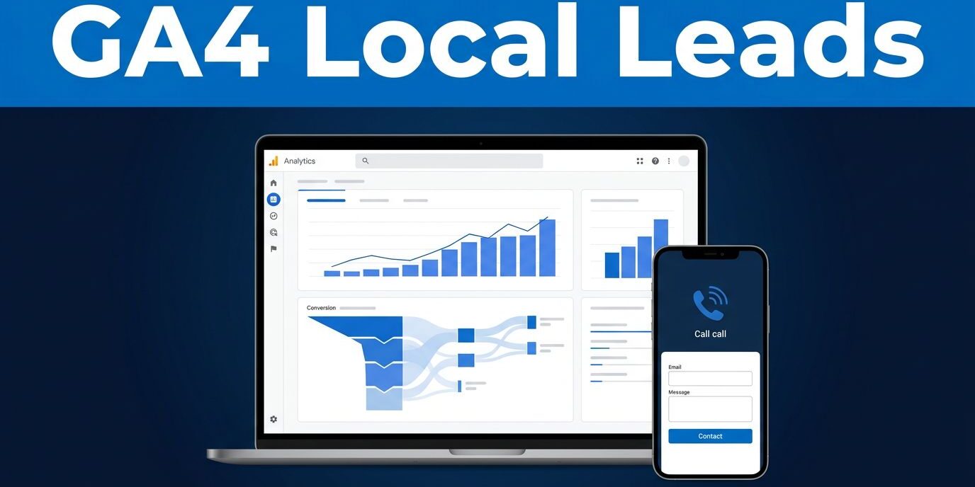 GA4 Local Leads Blue graphic with “GA4 Local Leads,” a laptop dashboard, and a smartphone showing a call option.