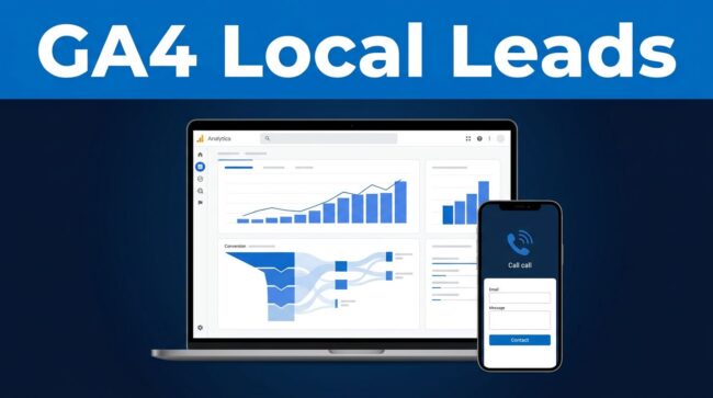 GA4 Local Leads Blue graphic with “GA4 Local Leads,” a laptop dashboard, and a smartphone showing a call option.