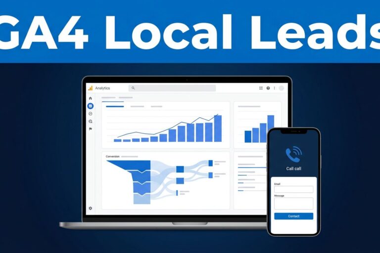 GA4 Local Leads Blue graphic with “GA4 Local Leads,” a laptop dashboard, and a smartphone showing a call option.