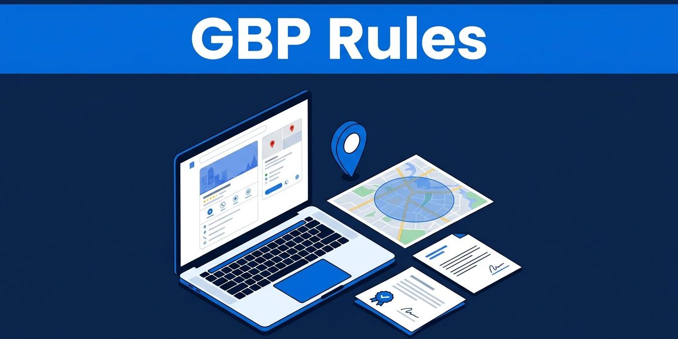 Google Profile Rules Laptop with a business profile, map, location pin, and verification papers.