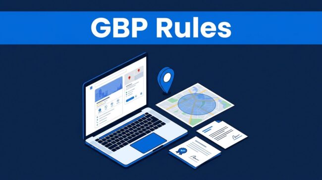 Google Profile Rules Laptop with a business profile, map, location pin, and verification papers.