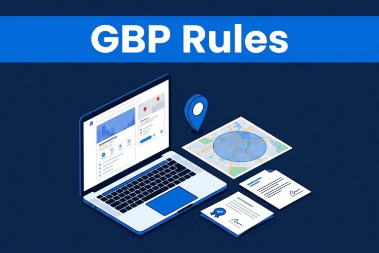 Google Profile Rules Laptop with a business profile, map, location pin, and verification papers.