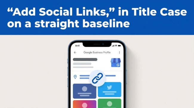 Google Profile Social Links Smartphone showing a business profile linked to colorful social media tiles.