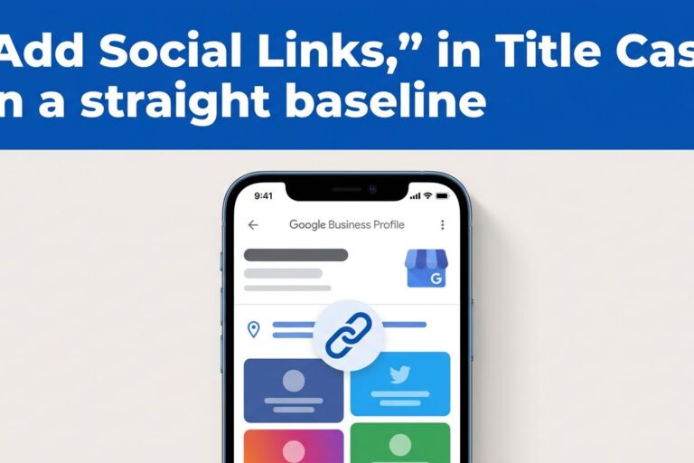 Google Profile Social Links Smartphone showing a business profile linked to colorful social media tiles.