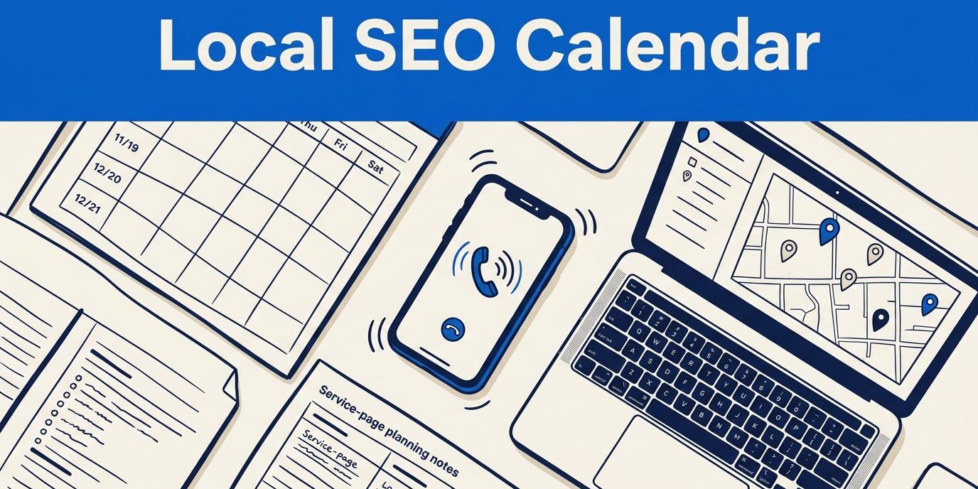 Local SEO Planning Workspace Overhead local SEO planning desk with a calendar, map laptop, notes, and ringing phone.