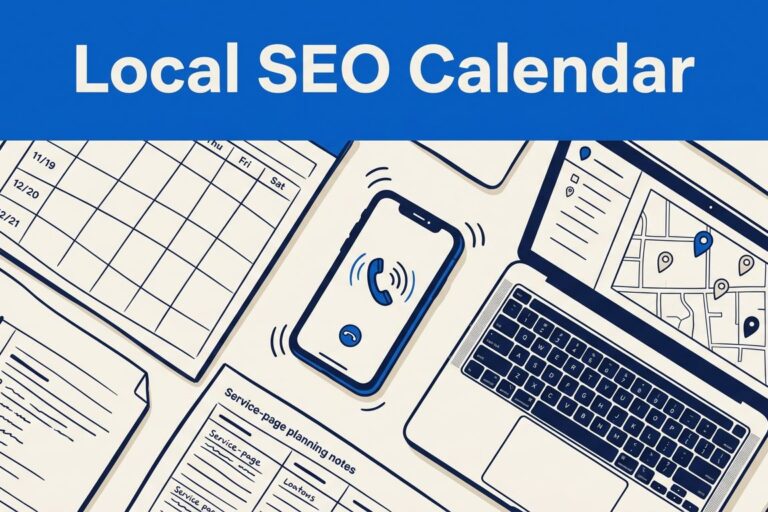 Local SEO Planning Workspace Overhead local SEO planning desk with a calendar, map laptop, notes, and ringing phone.