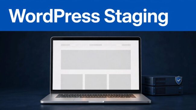 WordPress Staging Preview Laptop showing a WordPress staging preview with a server panel and blue shield.