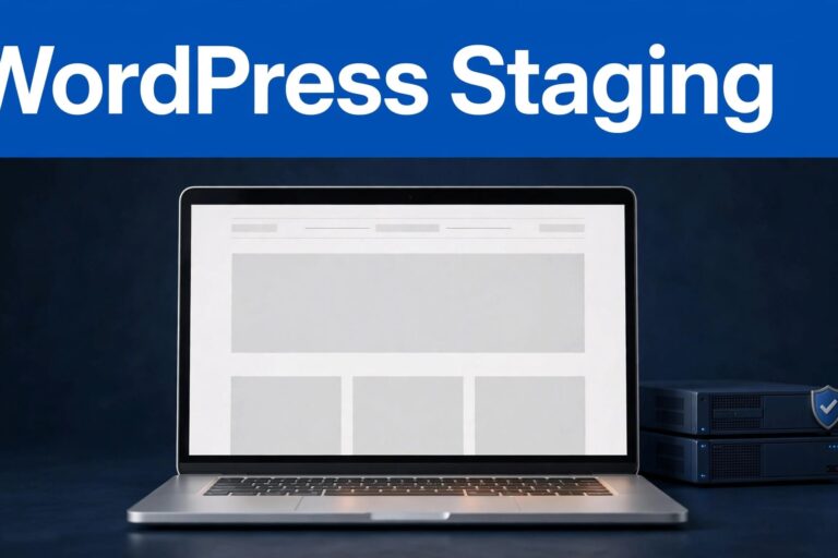 Laptop showing a WordPress staging preview with a server panel and blue shield.